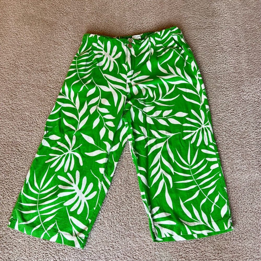 Wide Leg Cropped Tropical Print Rayon/Linen Pants
